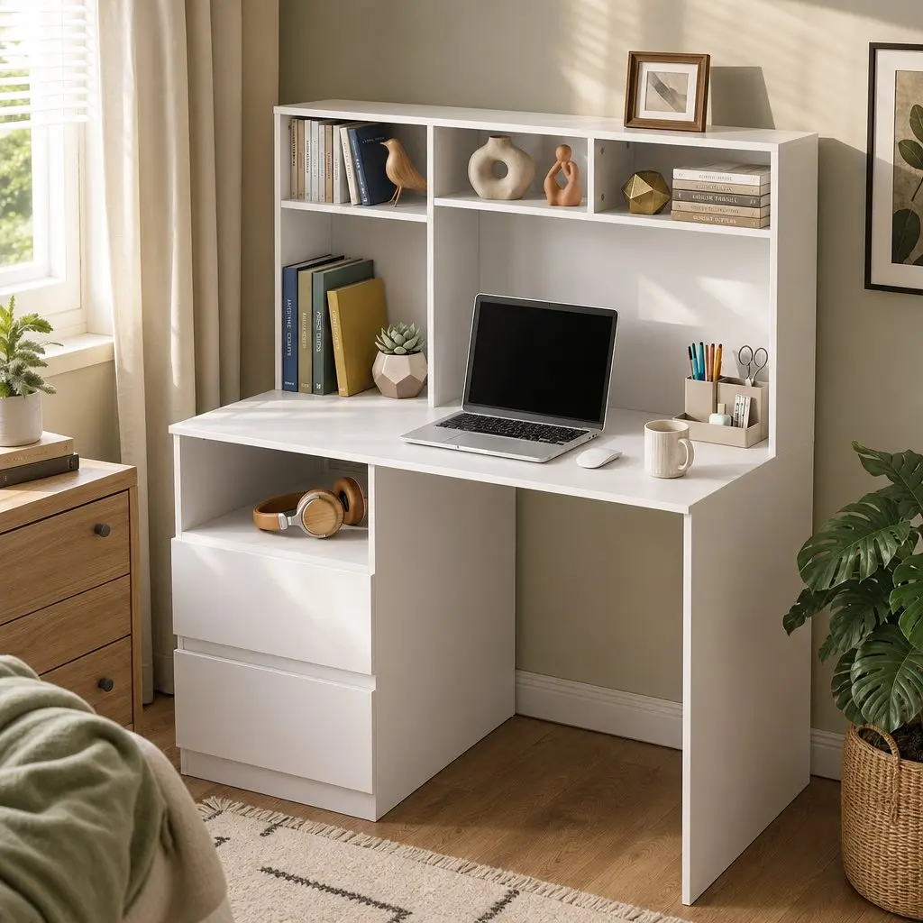 Computer Desk White 120cm Wide Desktop Open Shelves Sliding Drawer Storage Cabinet