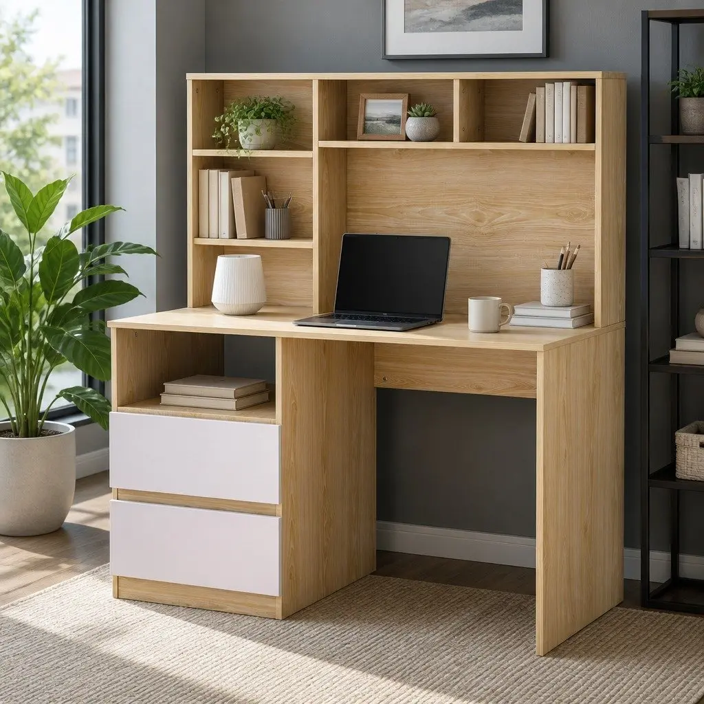 Computer Desk White 120cm Wide Work Surface with Shelves Drawers Storage Cabinet