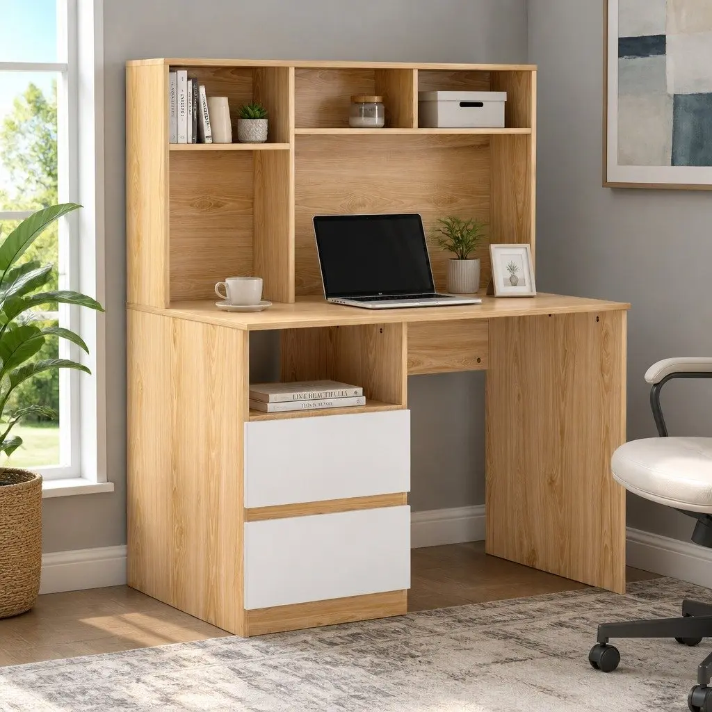 Computer Desk White 120cm Wide Work Surface with Shelves Drawers Storage Cabinet