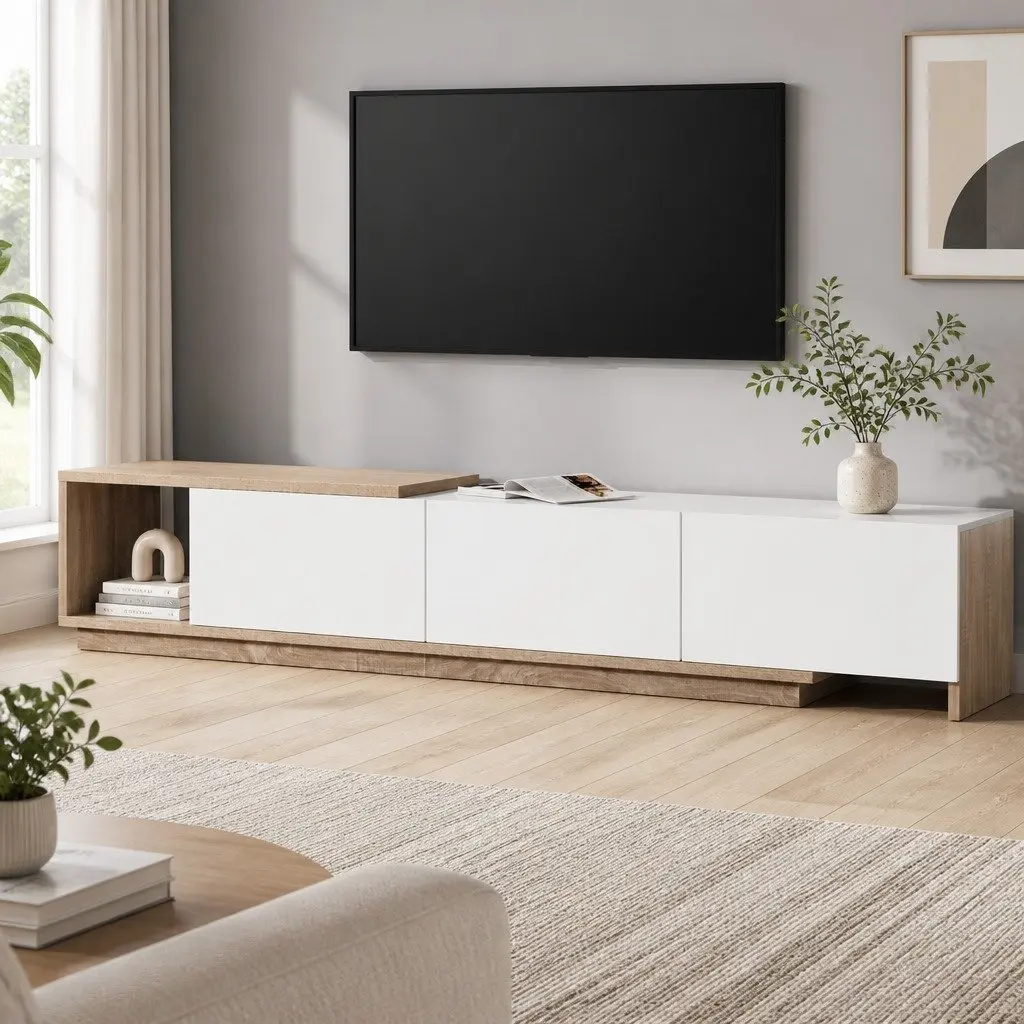 TV Unit Oak White Extendable High Gloss Storage with Push to Open Doors and Spacious Drawers