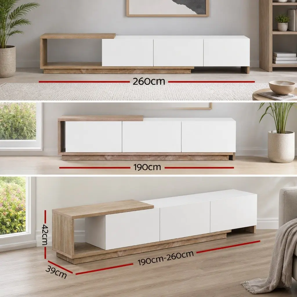TV Unit Oak White Extendable High Gloss Storage with Push to Open Doors and Spacious Drawers