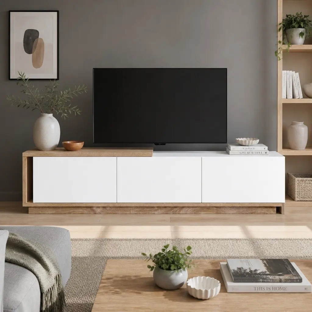 TV Unit Oak White Extendable High Gloss Storage with Push to Open Doors and Spacious Drawers