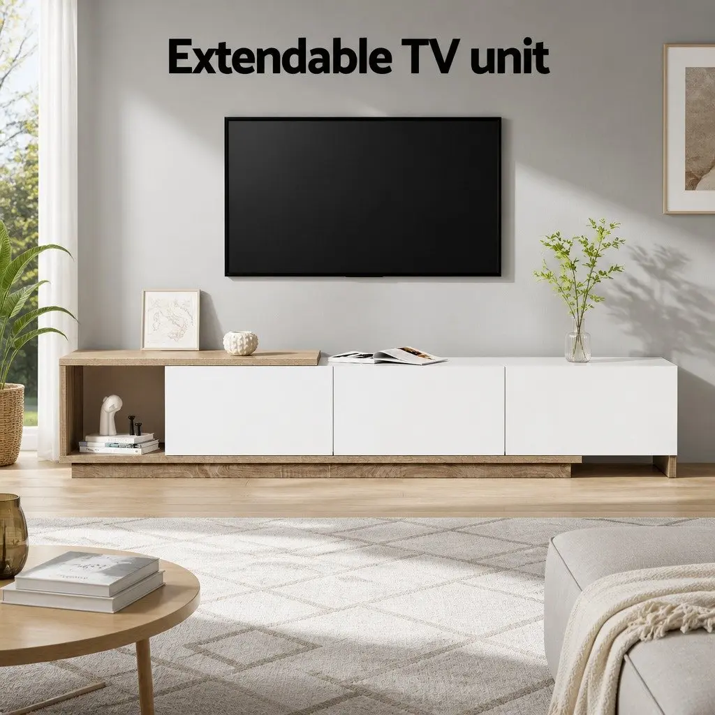 TV Unit Oak White Extendable High Gloss Storage with Push to Open Doors and Spacious Drawers