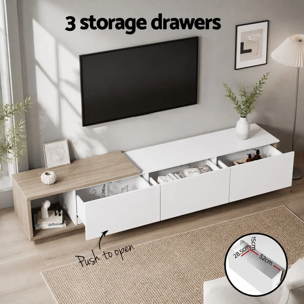 TV Unit Oak White Extendable High Gloss Storage with Push to Open Doors and Spacious Drawers