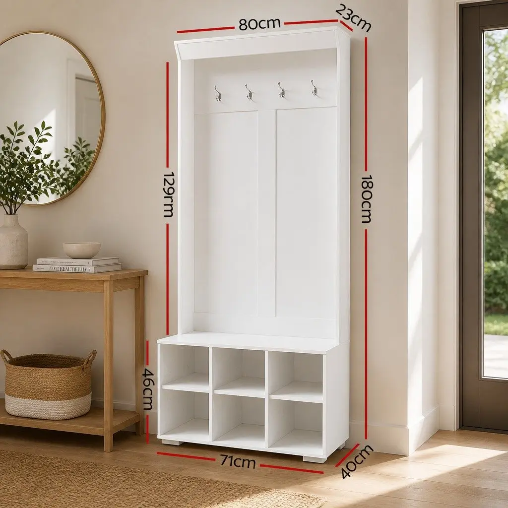Hall Tree Shoe Rack Cabinet with Coat Hooks Bench Storage 180cm White