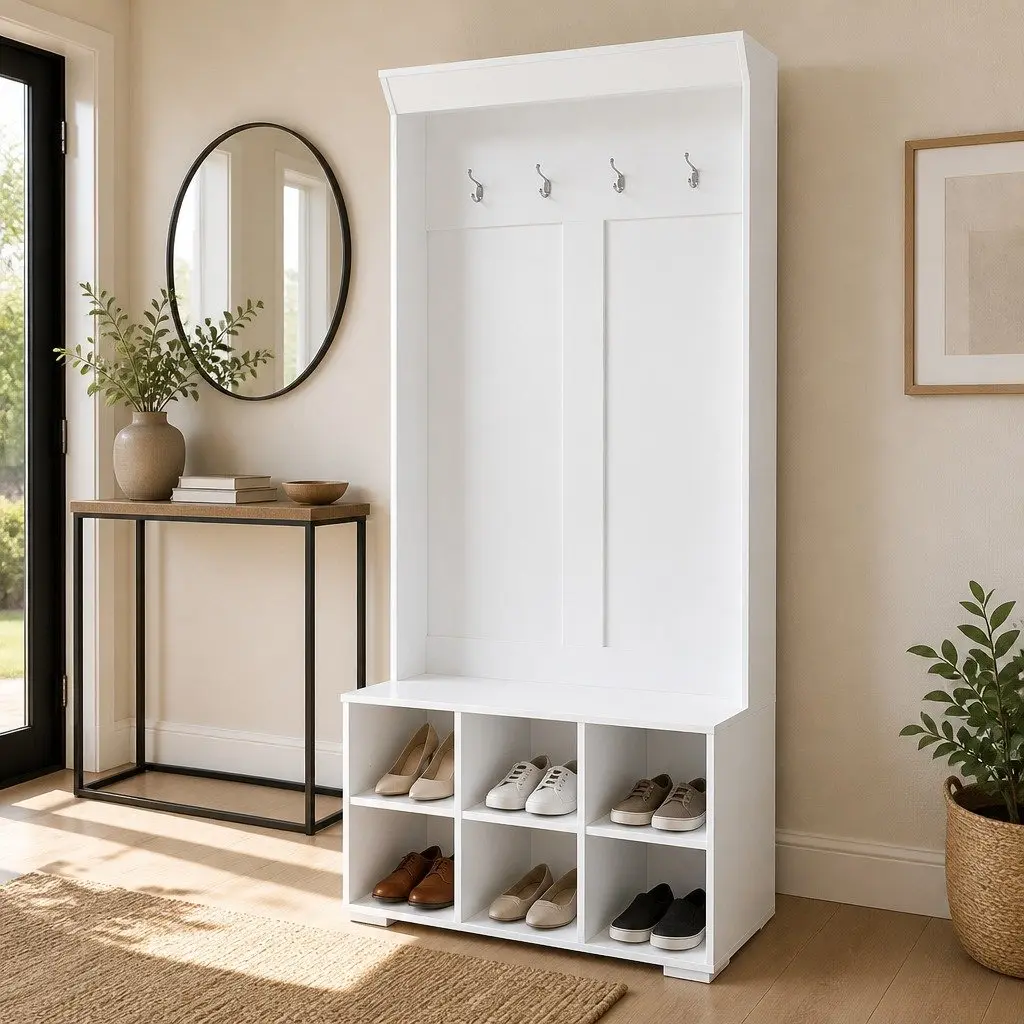 Hall Tree Shoe Rack Cabinet with Coat Hooks Bench Storage 180cm White