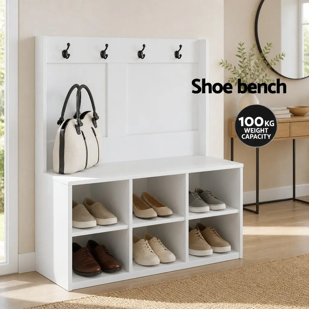 Hall Tree Shoe Rack Cabinet with Coat Hooks Bench Storage 180cm White