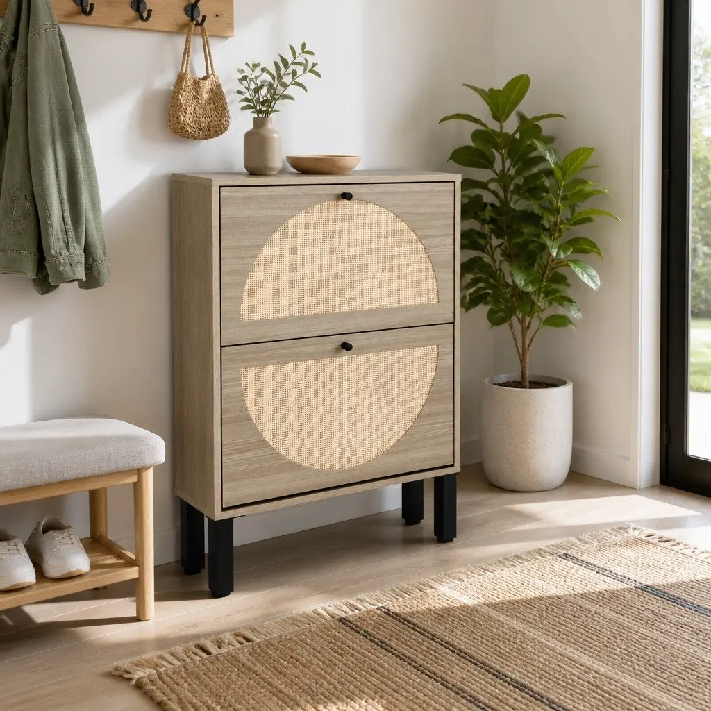Shoe Rack Cabinet with Rattan Storage