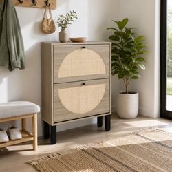 Compact Shoe Rack Cabinet with Rattan Storage