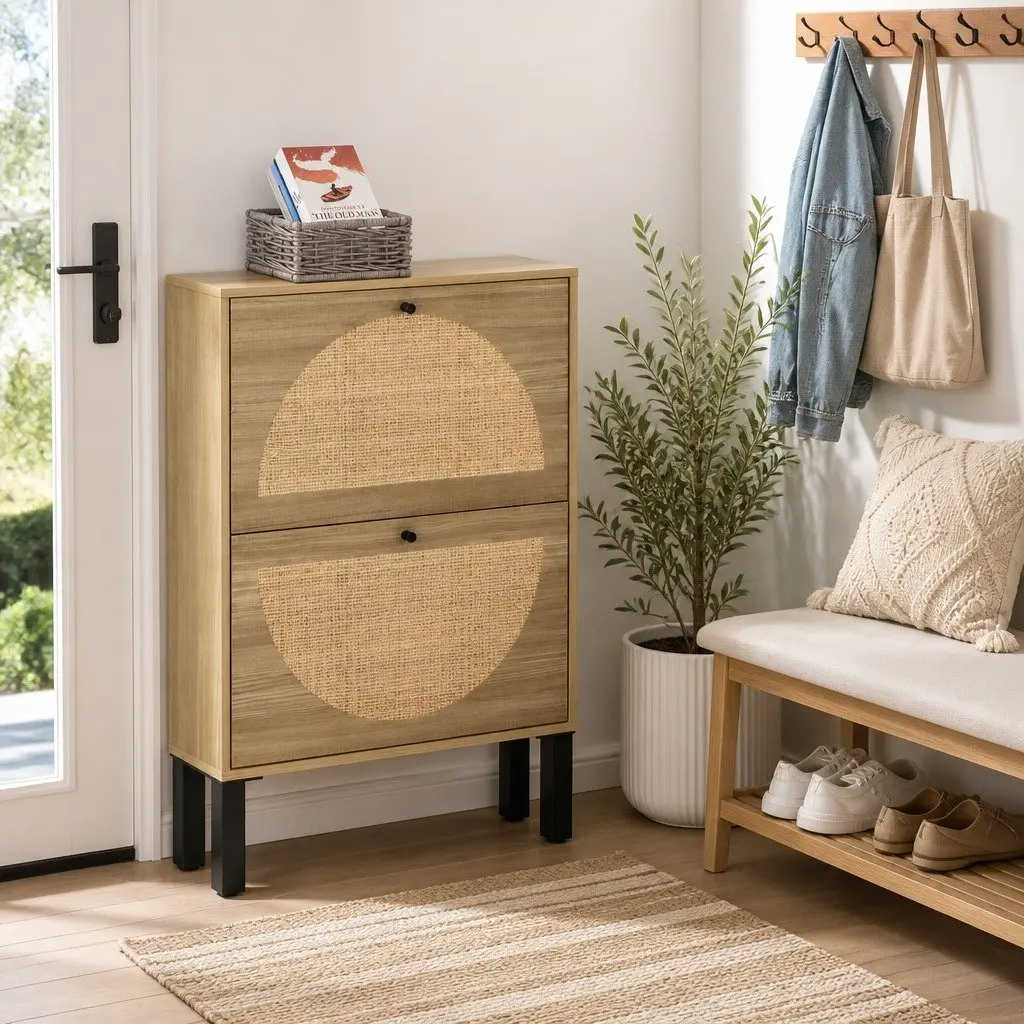 Shoe Rack Cabinet Pine 2 Drawers Rattan Storage Organiser