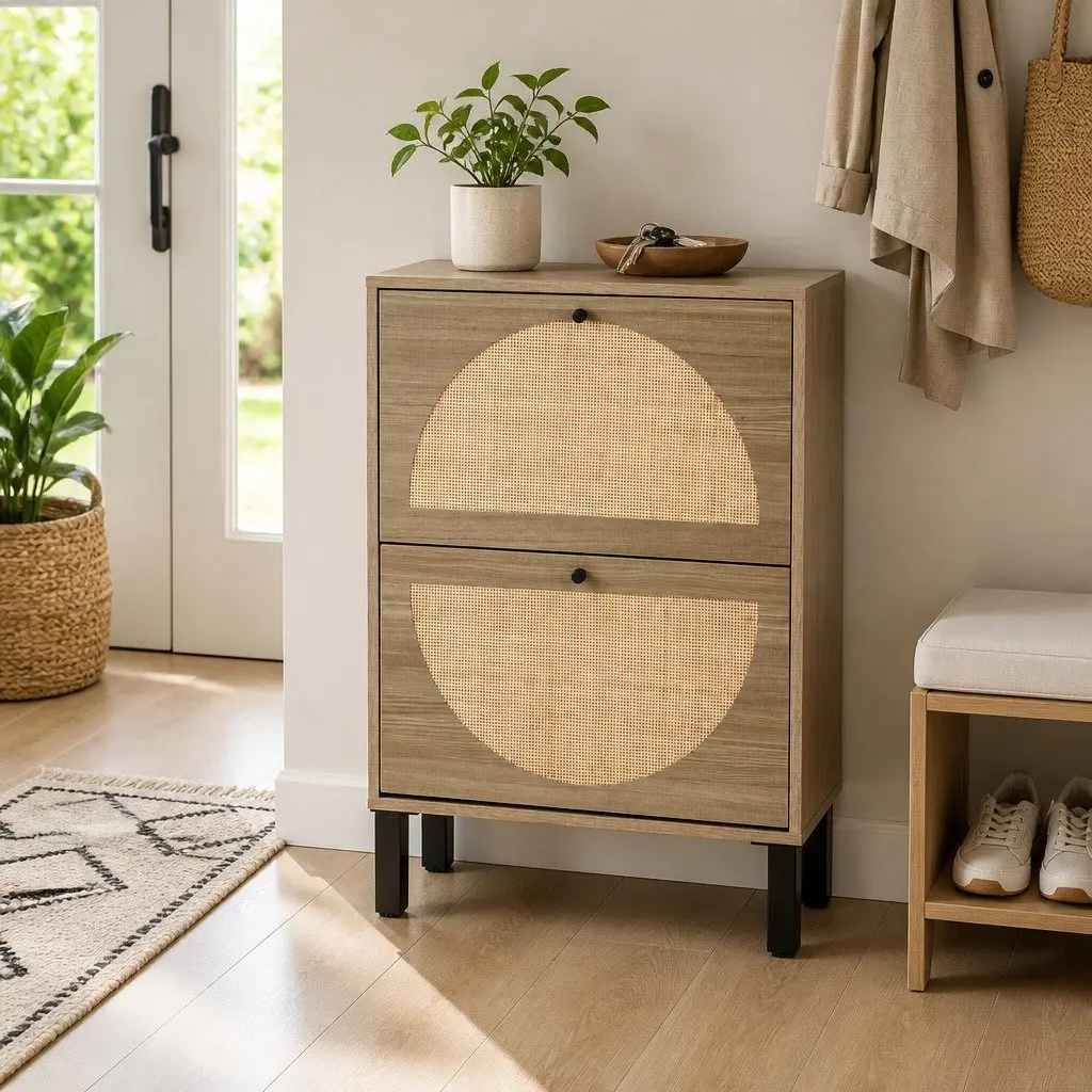 Shoe Rack Cabinet Pine 2 Drawers Rattan Storage Organiser