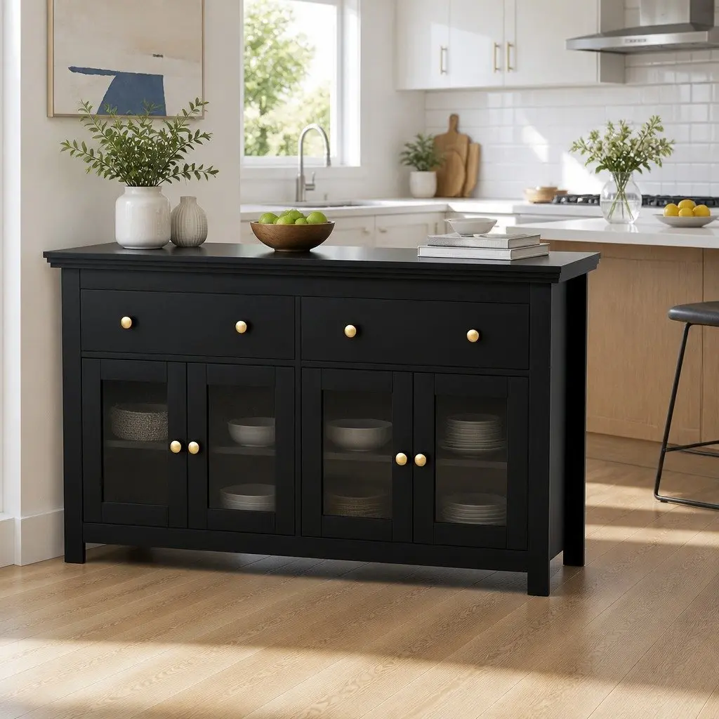 Buffet Sideboard Black 130cm Clear Glass Door 2 Drawers Height Adjustable Shelves