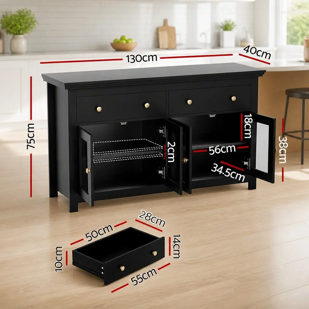 Buffet Sideboard Black 130cm Clear Glass Door 2 Drawers Height Adjustable Shelves