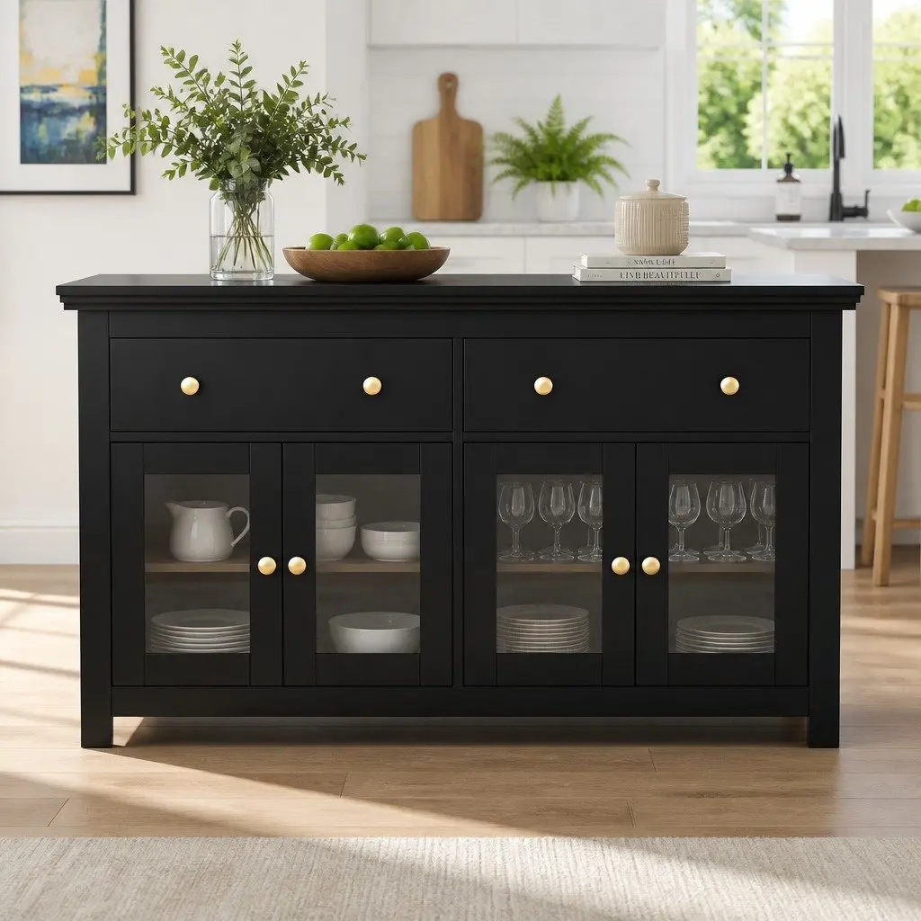 Buffet Sideboard Black 130cm Clear Glass Door 2 Drawers Height Adjustable Shelves