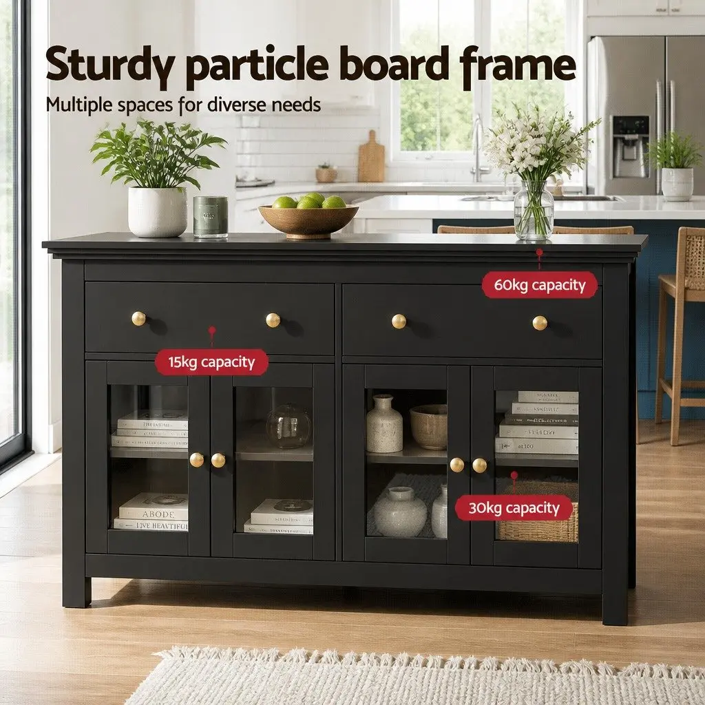 Buffet Sideboard Black 130cm Clear Glass Door 2 Drawers Height Adjustable Shelves