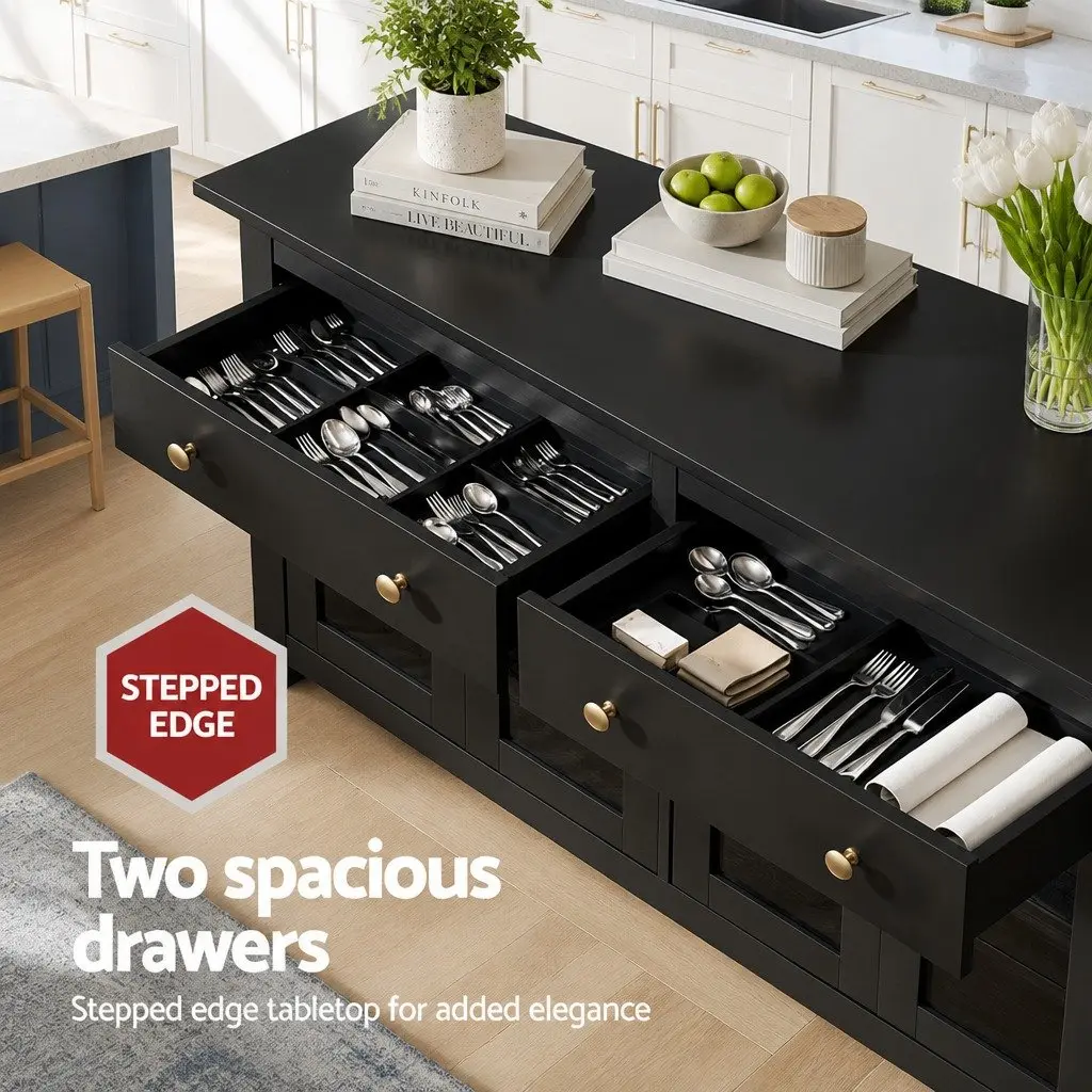 Buffet Sideboard Black 130cm Clear Glass Door 2 Drawers Height Adjustable Shelves