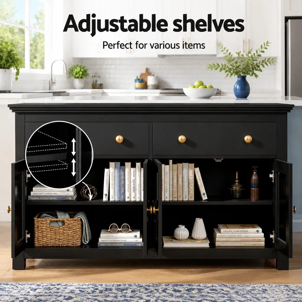 Buffet Sideboard Black 130cm Clear Glass Door 2 Drawers Height Adjustable Shelves