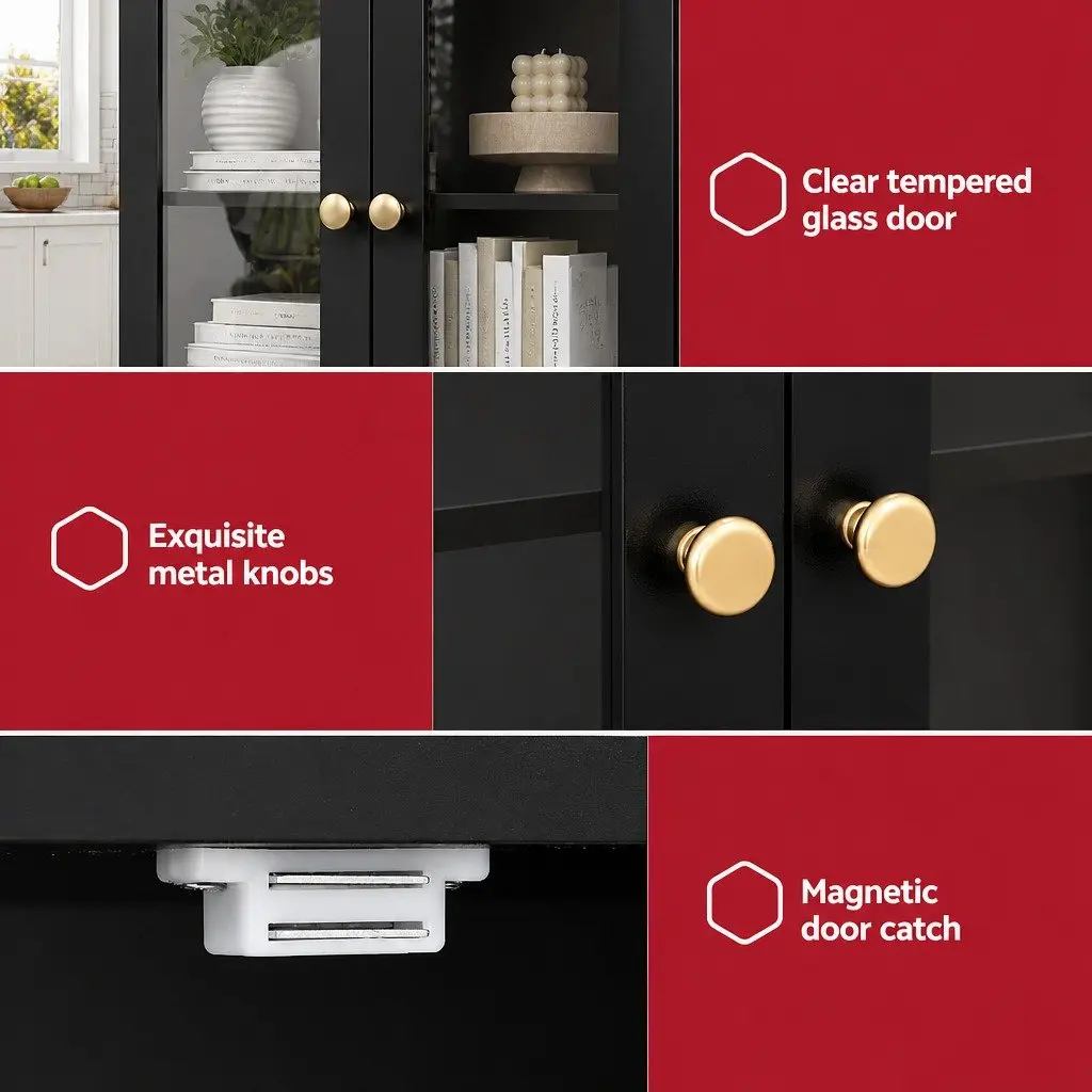 Buffet Sideboard Black 130cm Clear Glass Door 2 Drawers Height Adjustable Shelves