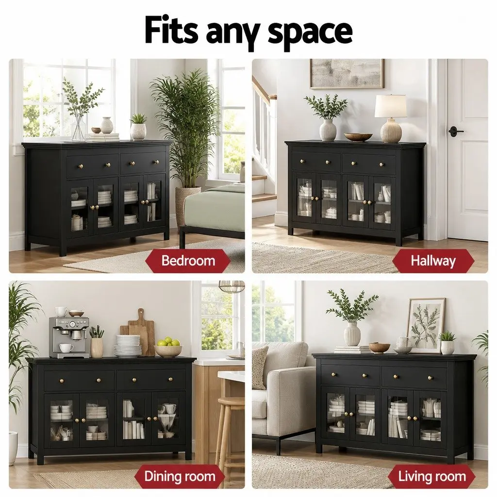 Buffet Sideboard Black 130cm Clear Glass Door 2 Drawers Height Adjustable Shelves