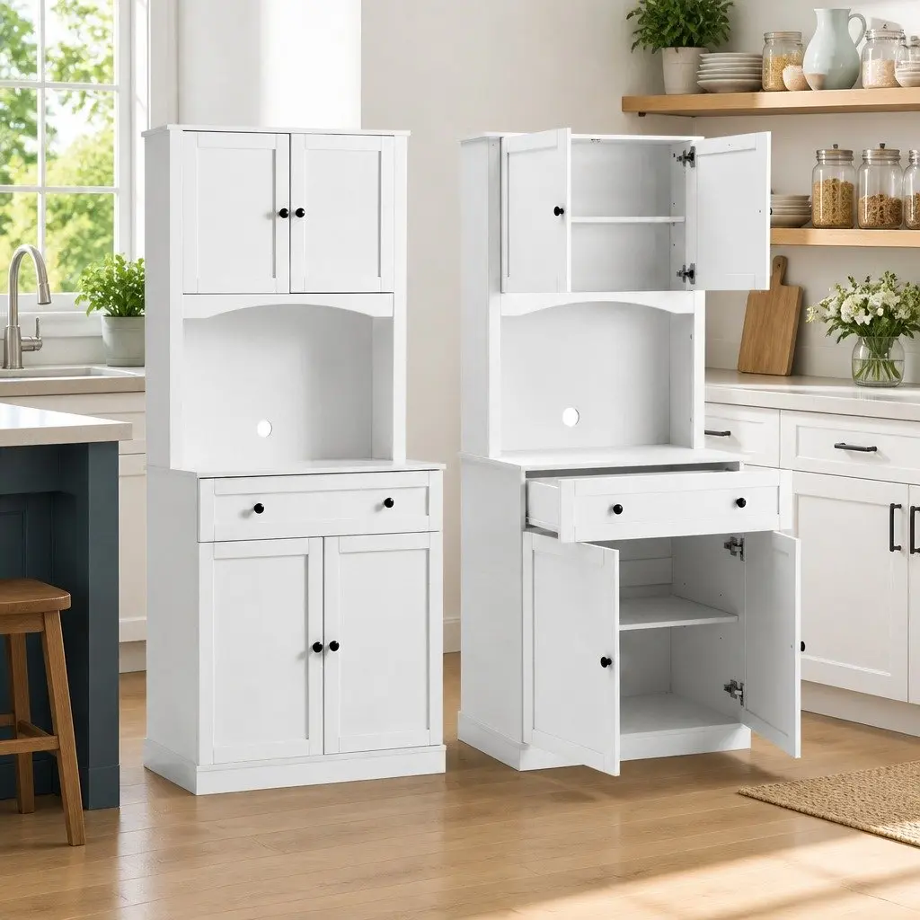 Buffet Sideboard White 180cm High Set of 2 Adjustable Shelves Drawer Kitchen Storage