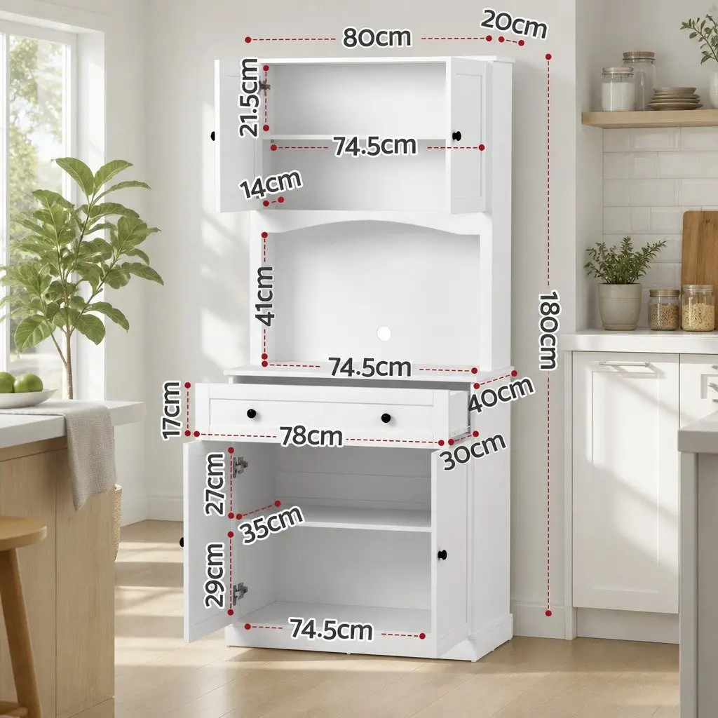 Buffet Sideboard White 180cm High Set of 2 Adjustable Shelves Drawer Kitchen Storage