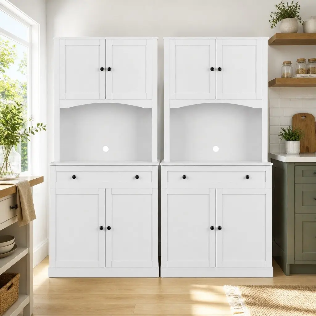 Buffet Sideboard White 180cm High Set of 2 Adjustable Shelves Drawer Kitchen Storage