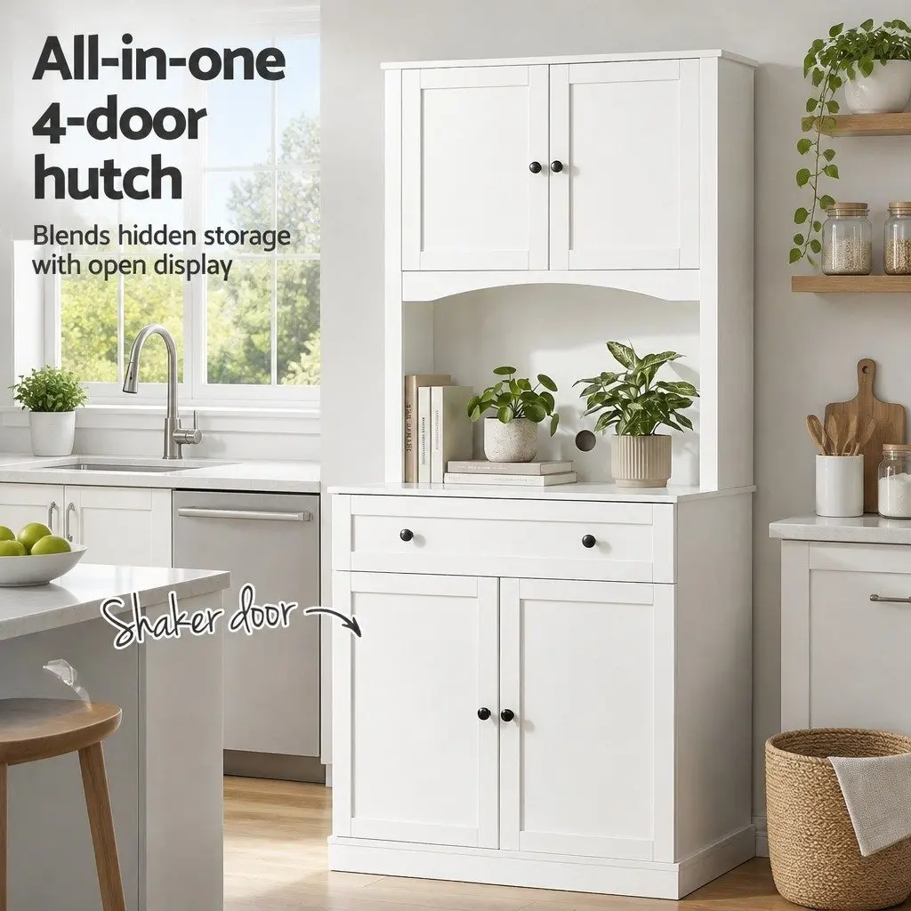 Buffet Sideboard White 180cm High Set of 2 Adjustable Shelves Drawer Kitchen Storage