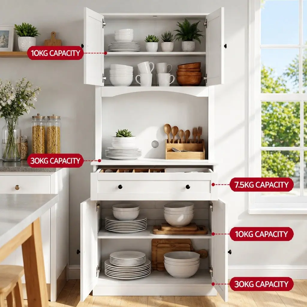 Buffet Sideboard White 180cm High Set of 2 Adjustable Shelves Drawer Kitchen Storage