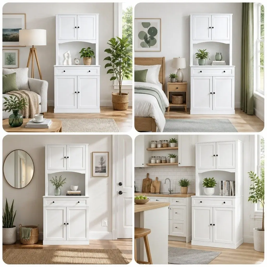 Buffet Sideboard White 180cm High Set of 2 Adjustable Shelves Drawer Kitchen Storage