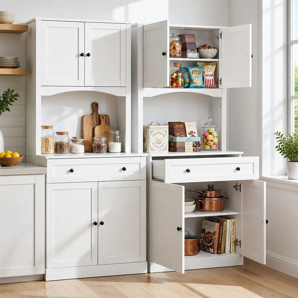 Buffet Sideboard White 180cm High Set of 2 Adjustable Shelves Drawer Kitchen Storage