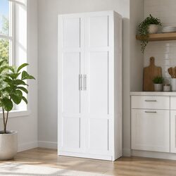 2 Door Storage Cabinet Cupboard Pantry Sideboard Tall Kitchen Living Room White