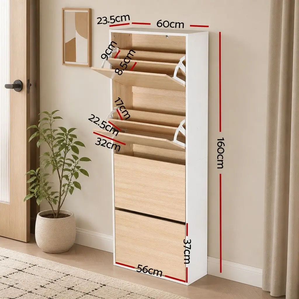 Shoe Storage Cabinet White Pine 160cm 8 Tier Adjustable Shelves 4 Drawers