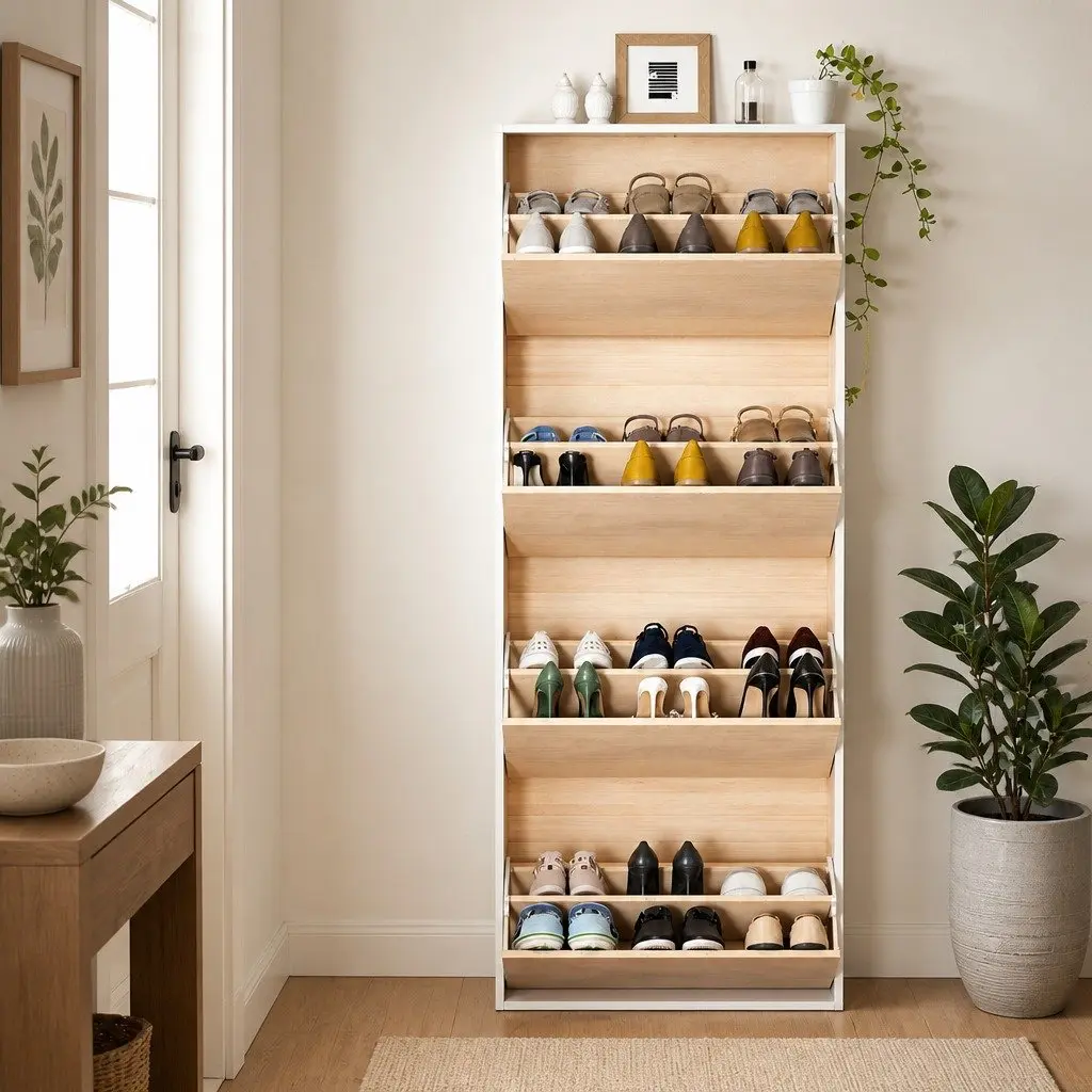 Shoe Storage Cabinet White Pine 160cm 8 Tier Adjustable Shelves 4 Drawers