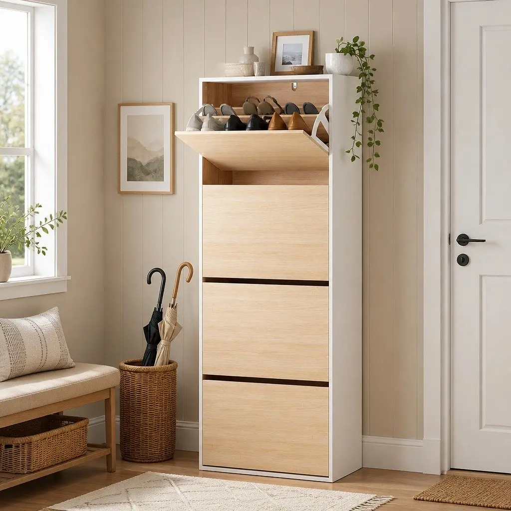 Shoe Storage Cabinet White Pine 160cm 8 Tier Adjustable Shelves 4 Drawers