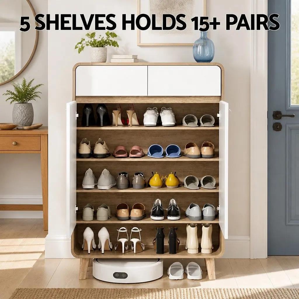 Shoe Rack Cabinet 20 Pairs Storage Cupboard with Drawers White Pine Hallway