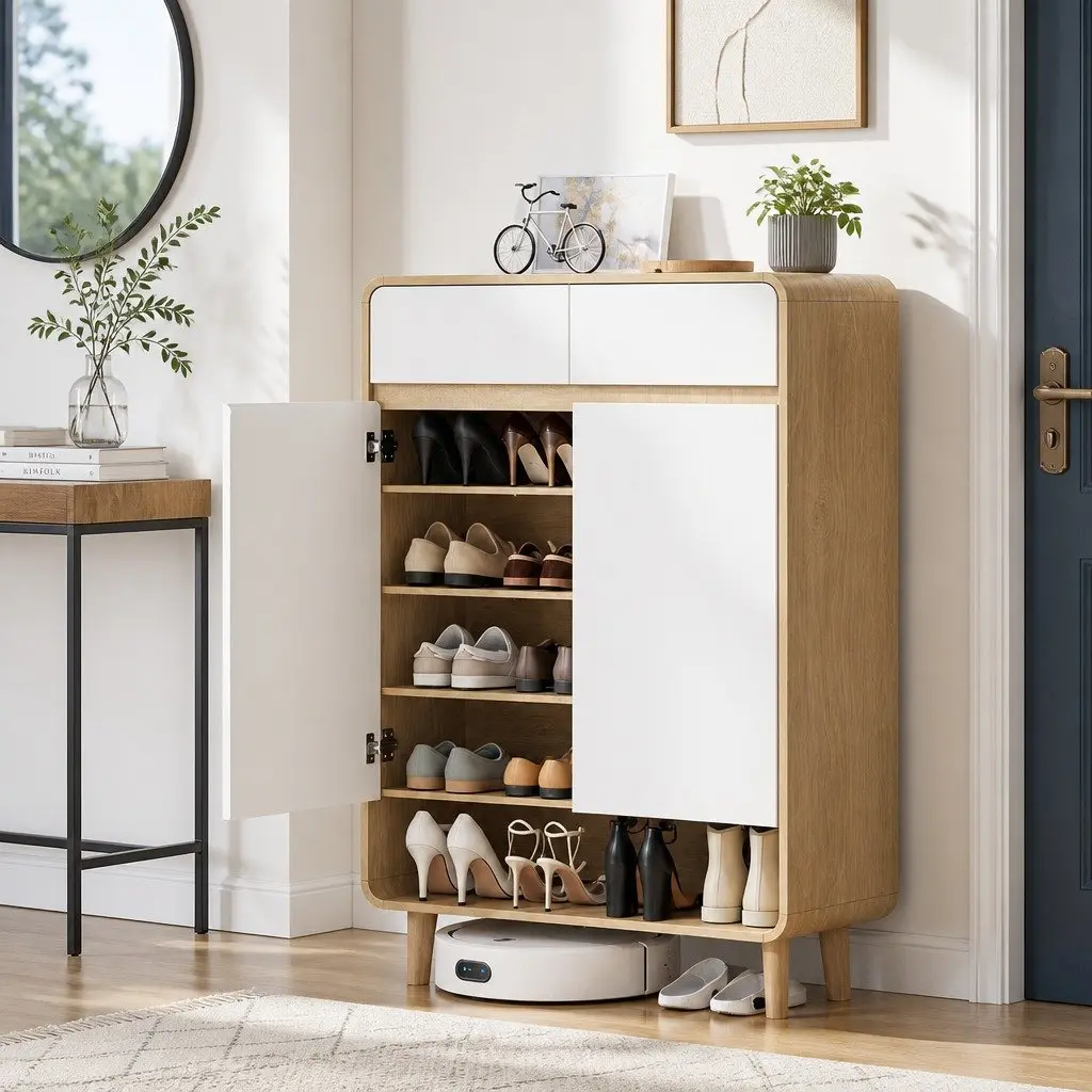 Shoe Rack Cabinet 20 Pairs Storage Cupboard with Drawers White Pine Hallway
