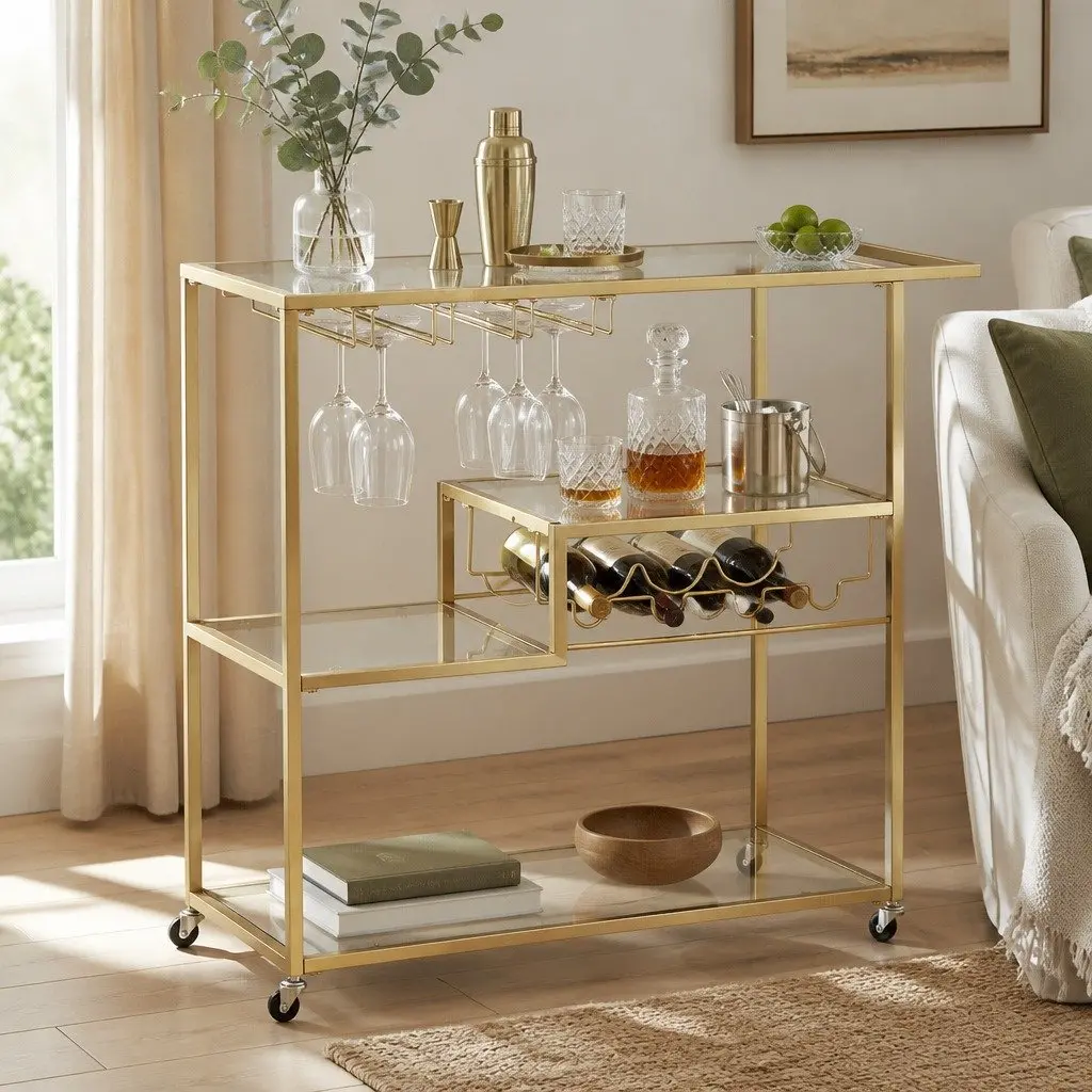 Bar Cart Gold 102cm Mirrored Glass Shelves Removable Wine Rack Glass Holder