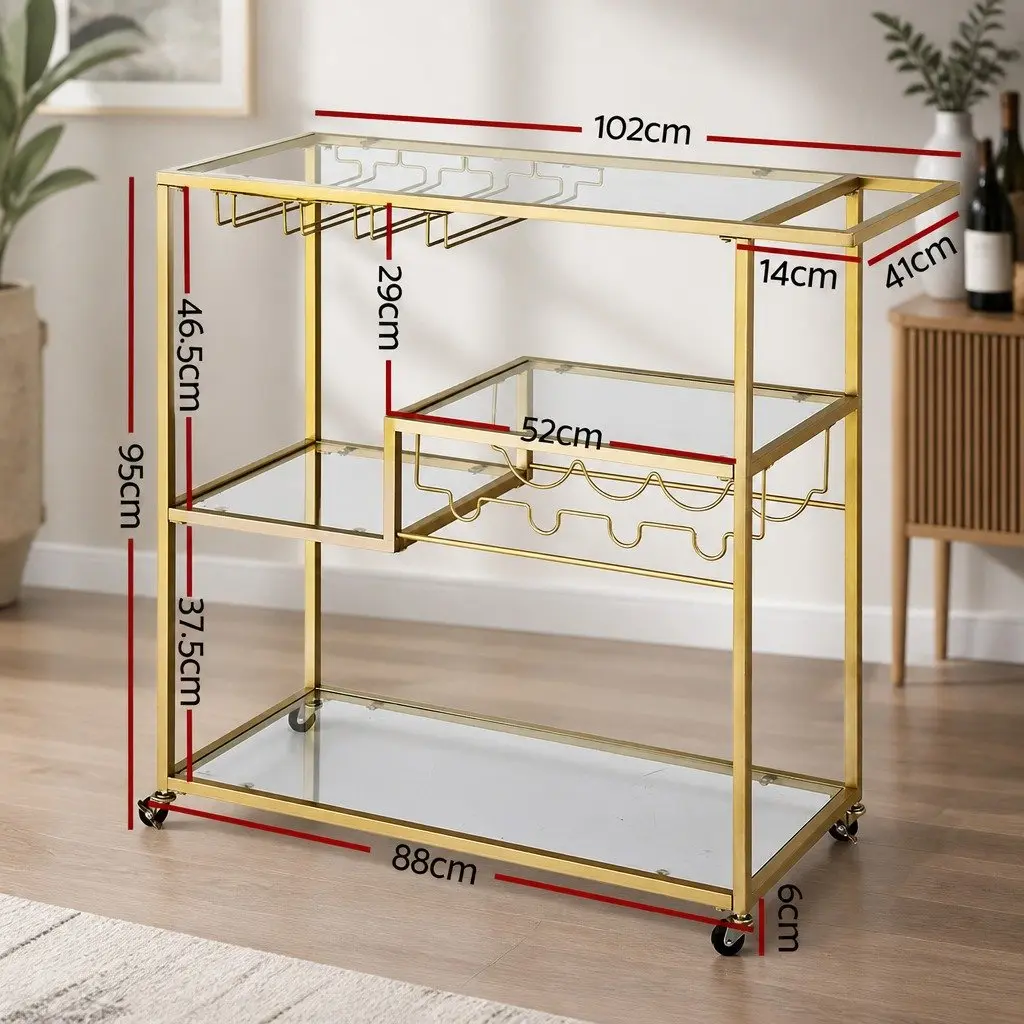 Bar Cart Gold 102cm Mirrored Glass Shelves Removable Wine Rack Glass Holder