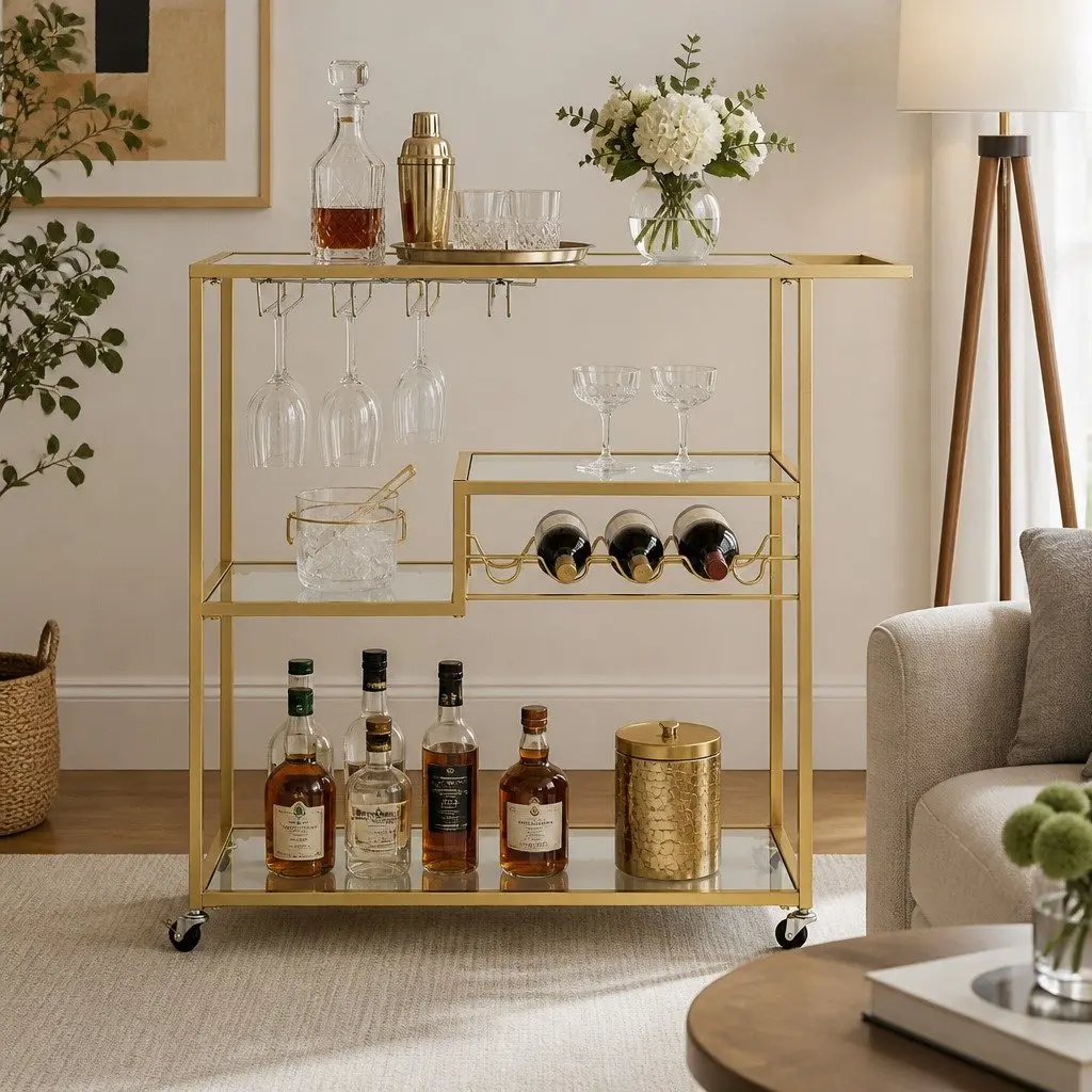 Bar Cart Gold 102cm Mirrored Glass Shelves Removable Wine Rack Glass Holder