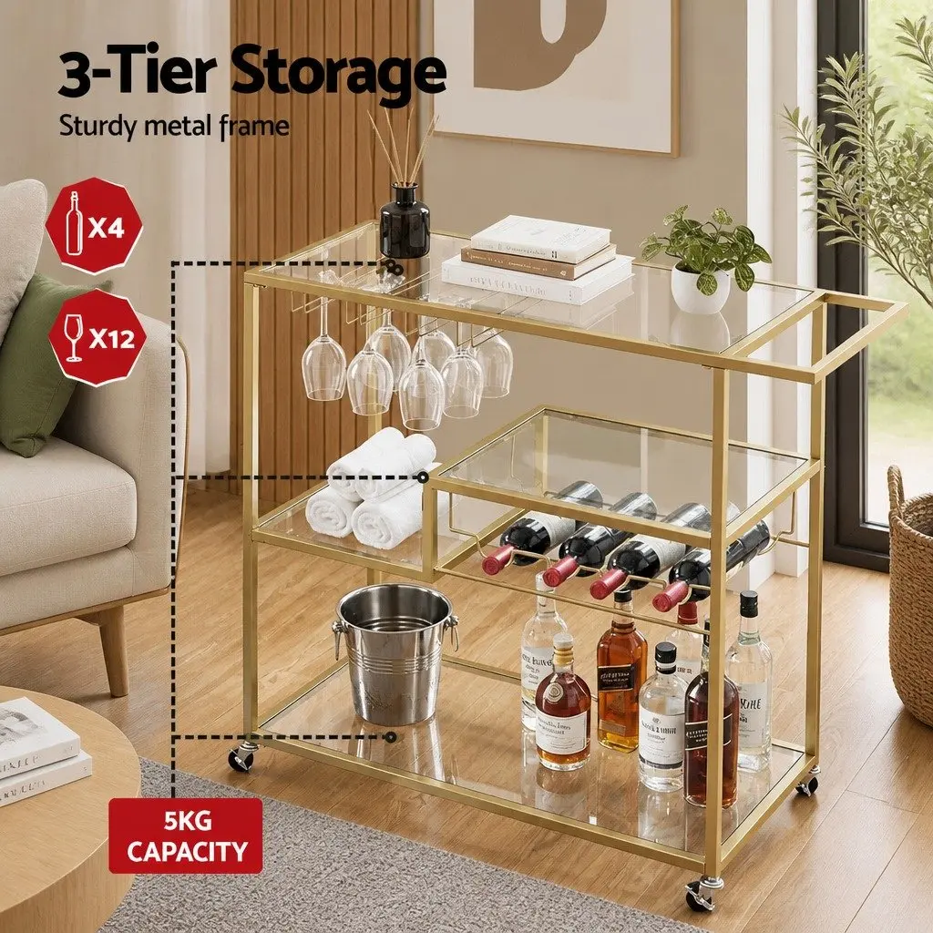 Bar Cart Gold 102cm Mirrored Glass Shelves Removable Wine Rack Glass Holder