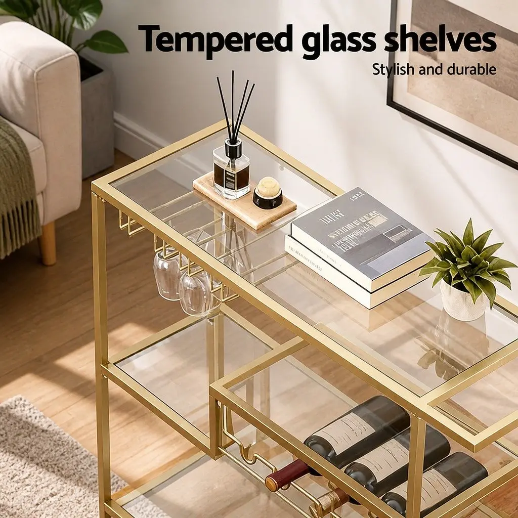 Bar Cart Gold 102cm Mirrored Glass Shelves Removable Wine Rack Glass Holder