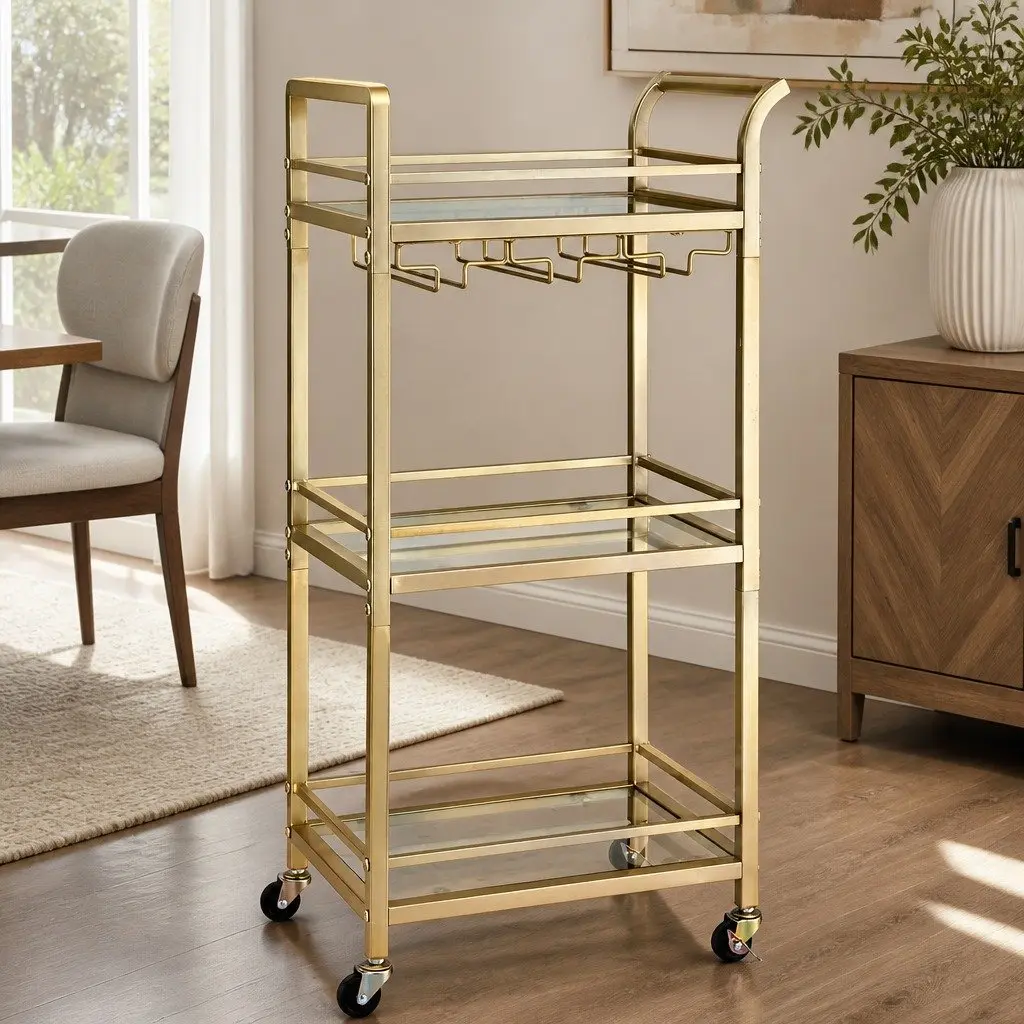 Kitchen Island Cart Gold 43cm 3-Tier Mirrored Tempered Glass Rolling Serving Trolley