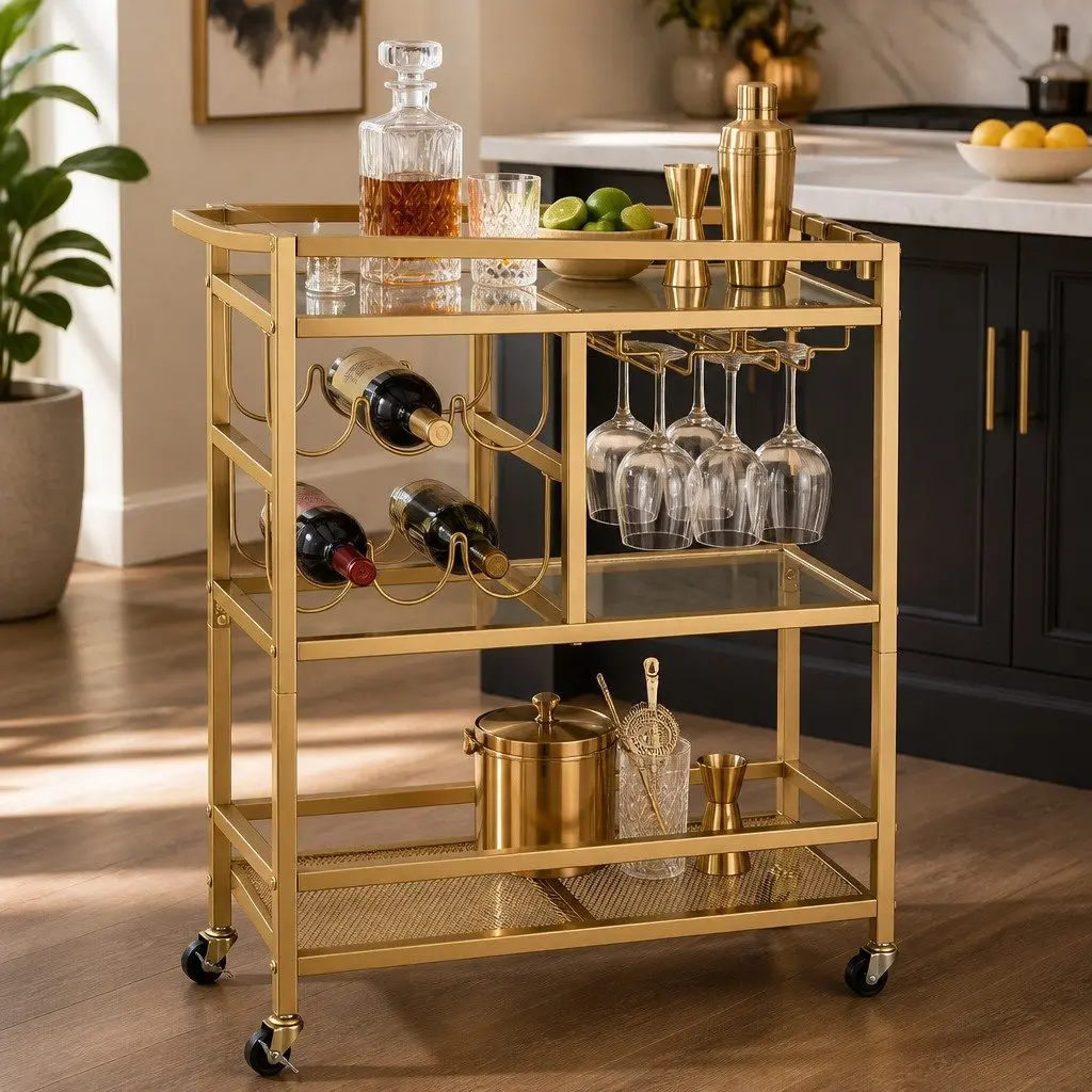 Bar Cart Gold 72cm Mirrored Glass Shelves Removable Wine Racks Glass Holder 3 Hooks
