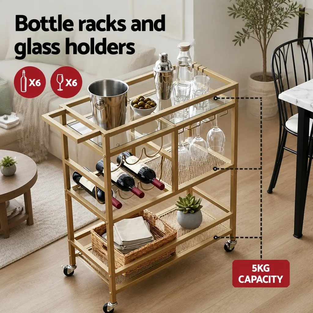 Bar Cart Gold 72cm Mirrored Glass Shelves Removable Wine Racks Glass Holder 3 Hooks