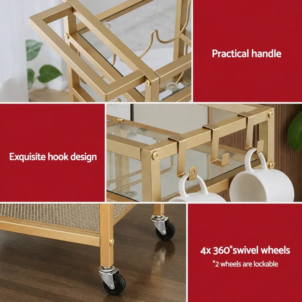 Bar Cart Gold 72cm Mirrored Glass Shelves Removable Wine Racks Glass Holder 3 Hooks