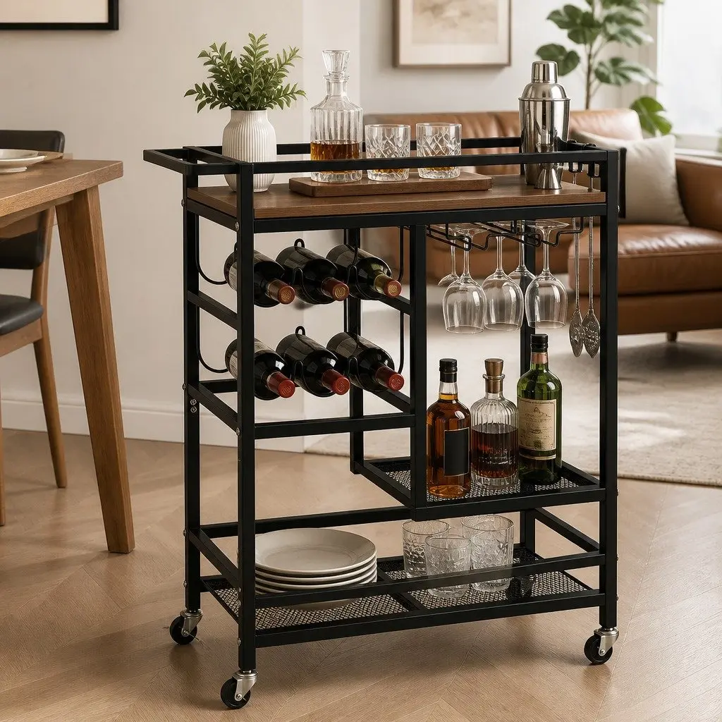 Bar Cart Black Mobile Kitchen Island Serving Trolley with Removable Wine Rack and Glass Holder