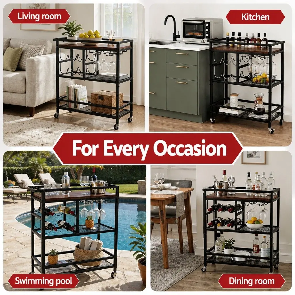 Bar Cart Black Mobile Kitchen Island Serving Trolley with Removable Wine Rack and Glass Holder