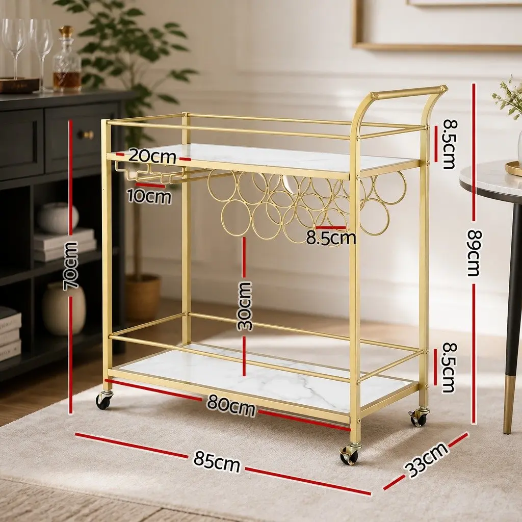 Bar Cart Gold 85cm Marble-effect Shelves Removable Wine Rack Glass Holder