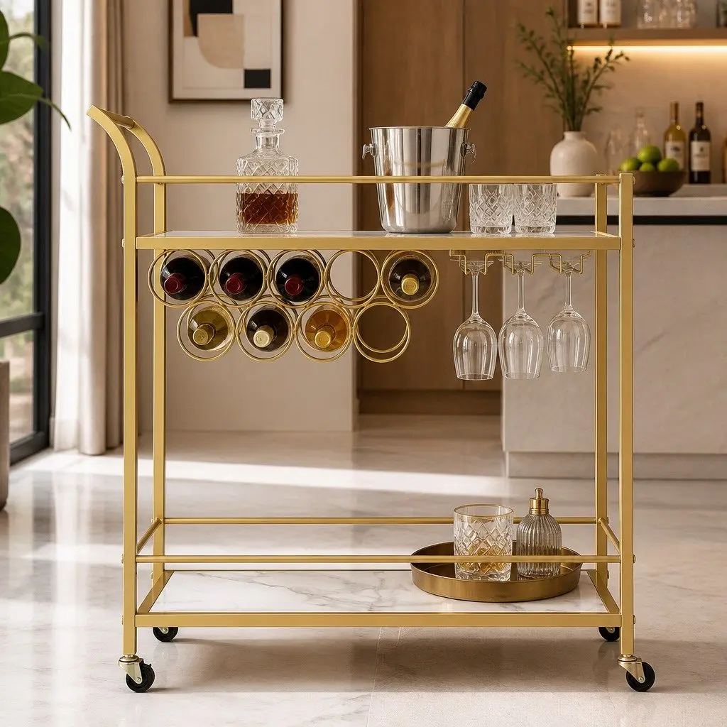 Bar Cart Gold 85cm Marble-effect Shelves Removable Wine Rack Glass Holder