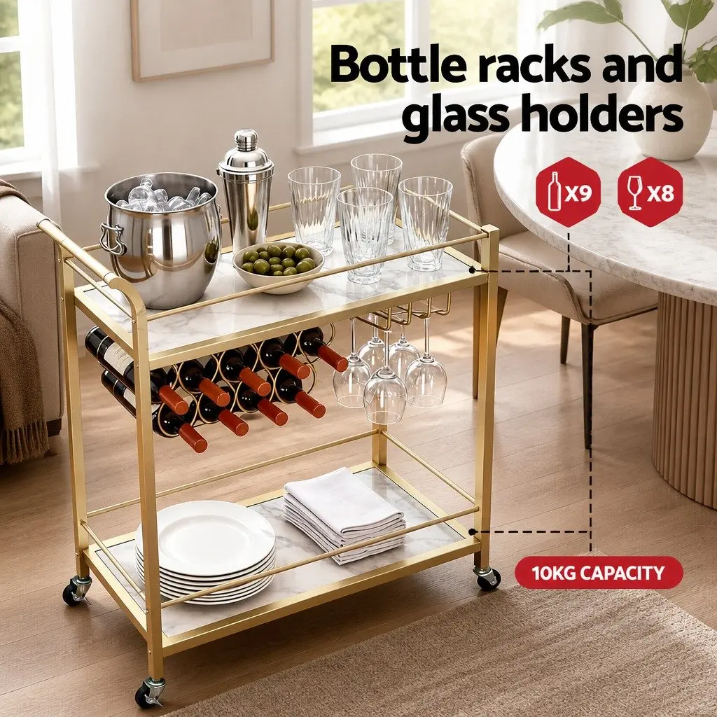 Bar Cart Gold 85cm Marble-effect Shelves Removable Wine Rack Glass Holder